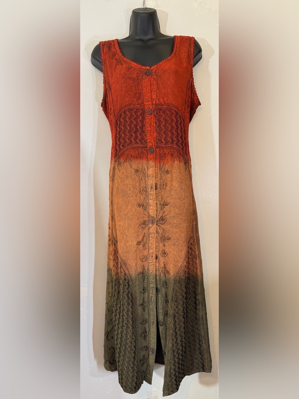 Just Cruising Boho Ombré Sleeveless Button Front Dress Multicolor Artisan Print